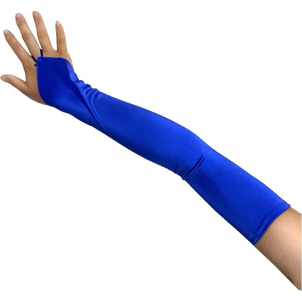 Women's Beautiful Royal Blue Long Satin Finger Loop Gloves Bridal Part Prom